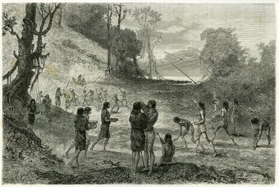 Jogos de Javelin entre 2 tribos de Zaparros, os homens praticam e as mulheres andam sem medo pelos jogadores e servem-lhes bebidas. Gravado por Vignal, para ilustrar a história "Amazon e Cordilleres". de Pierre Vignal
