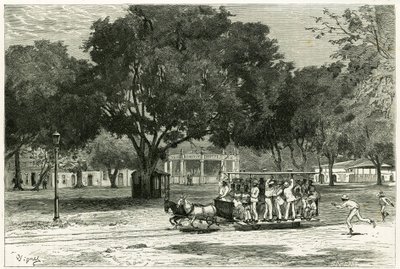 Bonde, atirando a cavalo, no porto do Pará (Brasil), no largo de Nazaré. Gravado por Vignal, para ilustrar a história "Amazônia e Cordilheira". de Pierre Vignal