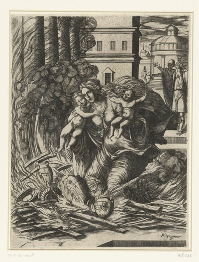 A mulher de Asdrubal mergulha no templo em chamas de Pierre Woeiriot (II)