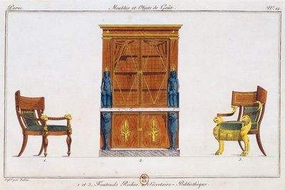 Poltronas e escrivaninha da biblioteca, prato 12, ilustração da Collection de meubles et objects de gout (Coleção de móveis e objetos de gosto) de Pierre de La Mesangere