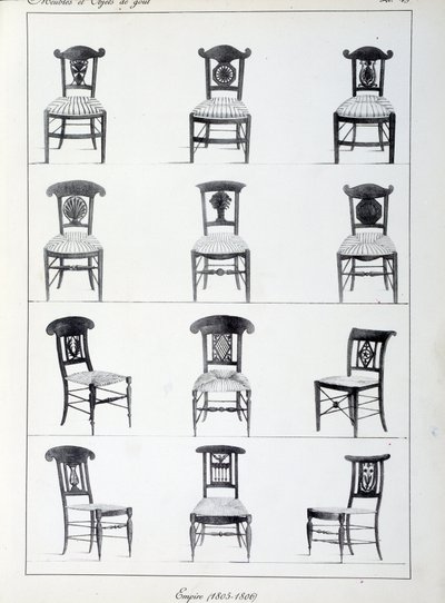 Diferentes modelos de cadeiras Premier Empire (1805-1806). Prato retirado da colecção "Collection de meubles et objets de taste" de Pierre de la Mesangere (1761-1831). Paris. Artes Decorativas de Pierre de La Mesangere