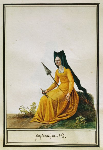 Agricultora francesa que gira, de Pierre Antoine Leboux de La Mesangere (1761-1831), aguarela de Pierre de La Mesangere