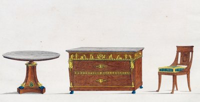 Mesa em mogno, cómoda e cadeira, prato 241, ilustração da Collection de meubles et objects de gout (Colecção de móveis e objectos de gosto) de Pierre de La Mesangere