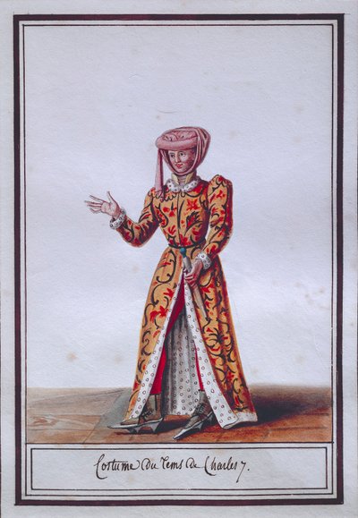 Prato de moda feminina representando a fantasia do tempo de Carlos VII (1403-1461), de Pierre Antoine Leboux de La Mesangere (1761-1831), aguarela de Pierre de La Mesangere