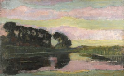 Paisagem do rio com céu rosa e amarelo-esverdeado, ca 1907-1908. de Piet Mondrian