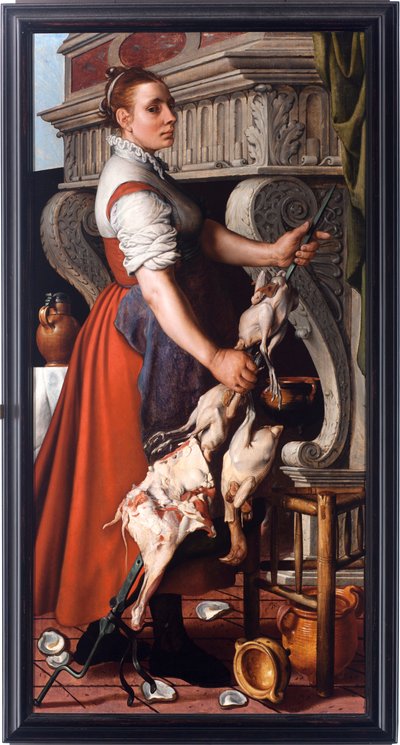 A panela (O fogão) Mulher jovem bordando aves em um espeto de lareira - Pintura de Pieter Aertsen (1508-1575) 1559 Dim 165x85 cm Genes, Musei di Strada Nuova (ex Palazzo Bianco) de Pieter Aertsen