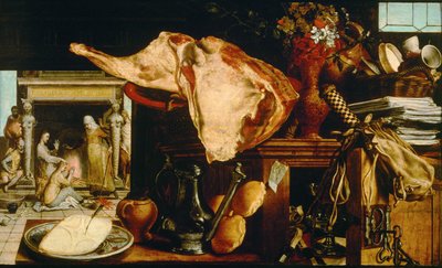 "Vanitas et Christ chez Marthe et Marie" (Vaidade Natureza Morta (Cristo na Casa de Martha e Maria) Peinture de Pieter Aertsen (1508-1575) - 1552 - Óleo sobre madeira Dim 61,5x101 cm Museu de História da Arte, Vienne de Pieter Aertsen