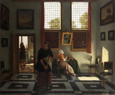 Interior com pintor, mulher a ler e criada a varrer, c.1665-70 (óleo sobre tela) de Pieter (1623 82) Janssens