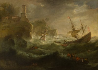 Navios naufragando em uma costa rochosa, c.1657-1701 (óleo sobre tela) de follower of Pieter Mulier