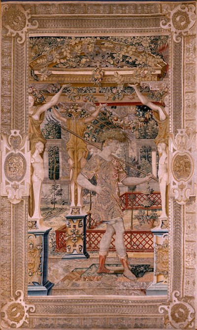 Tapeçaria flamenga. Série Vertumnus e Pomona.Vertumnus transformados em agricultores. Segunda tapeçaria da série. Parte esquerda a transformação de Daphne. Modelo Círculo de Pieter Coecke van Aelst. Fabricação de Wilhelm Pannemaker, Bruxelas. Ca 1545-1550. de Pieter (circle of) Coecke van Aelst