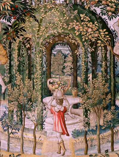 Tapeçaria flamenga. Série Vertumnus e Pomona; Vertumno transformado em jardineiro (Vertumno transformado em jardineiro). Quinta tapeçaria da série. Modelo Círculo de Pieter Coecke Van Aelst e Léonard Thiry. Fabrico Oficina desconhecida, Bruxelas, antes de Pieter (circle of) Coecke van Aelst