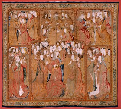 Tapeçaria flamenga. Série Triunfos da Mãe ou Paños de Oro. Deus envia o Arcanjo Gabriel (Dios envía al Arcángel Gabriel). Primeira tapeçaria da série. Modelo Colin de Cooter(?). Fabrico Pieter van Aelst (ou van Edingen), Bruxelas. Ca1500-1502. F de Pieter (studio of) Coecke van Aelst