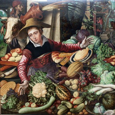 Alemão: Marktfrau am Gemüsestand Mulher do mercado numa banca de legumes de Pieter Aertsen