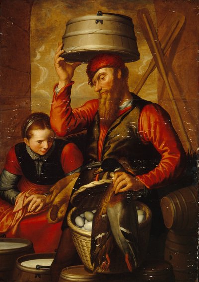 O Vendedor de Aves. Um casal de camponeses em traje tradicional, preparando os seus cestos de ovos e mercadorias para o mercado. Pintura por Pieter Aertsen (1508-1575), óleo sobre madeira de Pieter Aertsen