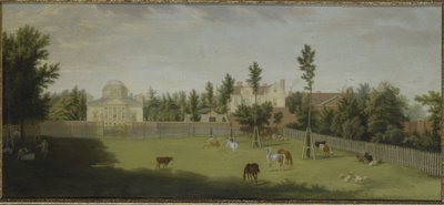 Vista da nova villa, casa antiga e estábulos de Burlington Lane, Chiswick Villa (óleo sobre tela) de Pieter Andreas Rysbrack