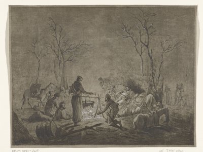 Bivouac de cossacos pelo fogo durante a ocupação francesa em 1813 em Amsterdã de Pieter Bartholomeusz. Barbiers