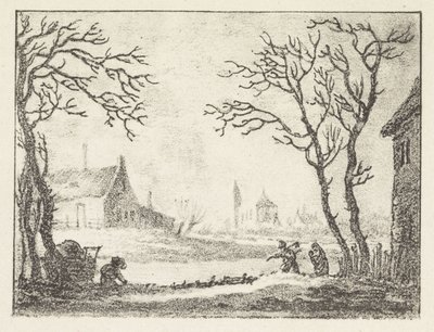 Paisagem de Inverno com casas e figuras de Pieter Bartholomeusz. Barbiers