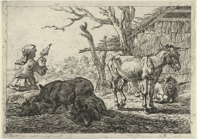 Mulher giratória, porcos e burros
Vários animais (título da série) de Pieter Bodding van Laer