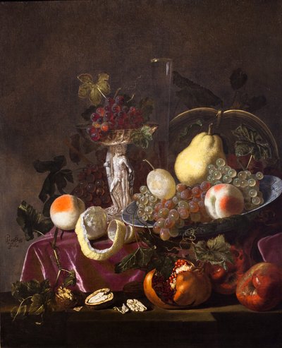 Natureza-morta de frutas, uvas, romãs e melões, 1655 (óleo sobre tela) de Pieter Casteels