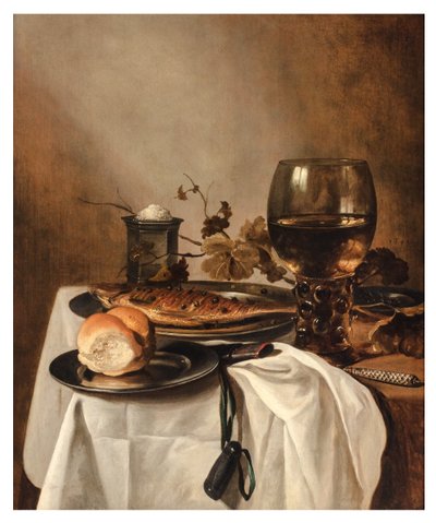 Um Rolo, Arenque, Saltcellar de Prata, Roemer Grande e Faca numa Mesa Dobrada, c.1644 (óleo sobre painel) de Pieter Claesz