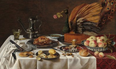 Natureza morta com uma torta de pavão de Pieter Claesz