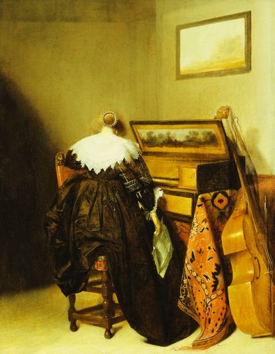 Uma senhora sentada, vista de trás, antes de uma virginal, de Pieter Codde