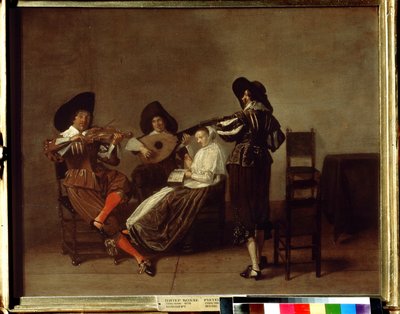 "Três músicos e uma jovem mulher (a cantar). Pintura de Pieter Codde (1599-1678) Museu Pushkin do século XVII, Moscovo de Pieter Codde
