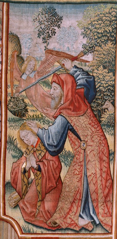 tapeçaria flamenga. Episódios da Série da Vida da Virgem; Apresentação no Templo (Presentación en el Templo). Segunda tapeçaria da série. Modelos atribuídos a Jan van Roome (ou van Brussel). Fabricação Pieter van Aelst, Bruxelas. Ca 1502-1504. de Pieter Coecke van Aelst