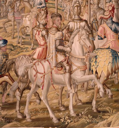 Tapeçaria flamenga. Série A Conquista de Tunis; Revisão das Tropas em Barcelona (La revista de las tropas en Barcelona). Segunda tapeçaria da série. Modelo Jan Vermeyen e Pieter Coecke van Aelst. 1543-1548. Fabrico da Real Fábrica de Tapices de Sant de Pieter Coecke van Aelst