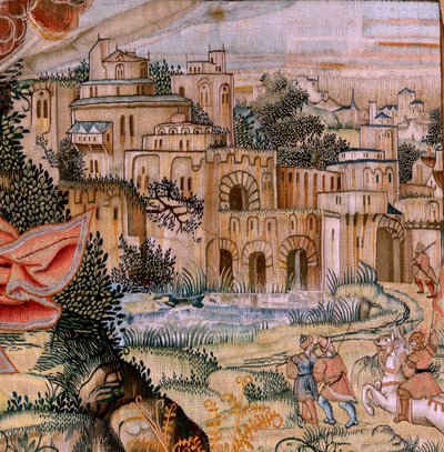 tapeçaria flamenga. Série A Paixão de Cristo. A Descida da Cruz (Descendimiento). A segunda série de tapeçaria da Paixão de Cristo pertencente ao Patrimonio Nacional. Cartunistas modelo do círculo de Jan van Roome. Fabricação Pieter va de Pieter Coecke van Aelst