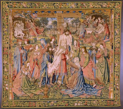 tapeçaria flamenga. Série A paixão de Cristo: Descida da cruz (Kruisafneming, Descendimiento de la cruz). Fabricação Pieter van Aelst. O cartunista Jan van Roome. Ca 1507-1520. de Pieter Coecke van Aelst