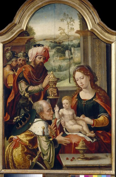 A Adoração dos Magos. Pintura de Pieter Coecke van Aelst, o Velho (1502-1555), óleo sobre madeira, primeira metade do século XVI. Arte primitiva flamenga. Galeria de Arte do Estado, Lviv (Ucrânia). de Pieter Coecke van Aelst