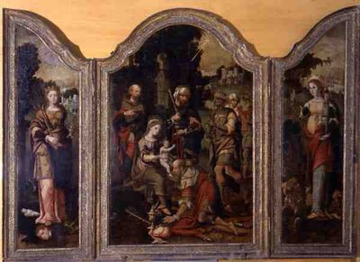 Tríptico representando a Adoração dos Reis Magos e dois santos (óleo sobre painel) de Pieter Coecke van Aelst