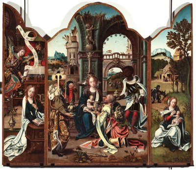 Tríptico da Adoração do Painel Esquerdo dos Magos: Anunciação - Painel direito: Anunciação, à esquerda e Voo para o Egipto à direita Pintura de Pieter Coeck van Aelst (1502-1550) Genes Musei di Strada Nuova (ex Palazzo Bianco) inv n PB de Pieter Coecke van Aelst