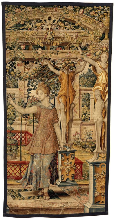 Vertumnus e Pomona: Vertumnus transformado em agricultor, c.1550 (ouro, lã e seda) de Pieter Coecke van Aelst