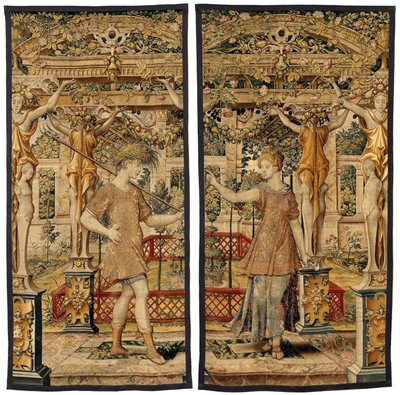 Vertumnus e Pomona: Vertumnus transformado em agricultor, c.1550 (ouro, lã e seda) de Pieter Coecke van Aelst