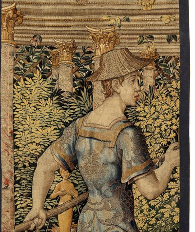 Vertumnus e Pomona: Vertumnus transformado em pescador, c.1550 (ouro, lã e seda) de Pieter Coecke van Aelst