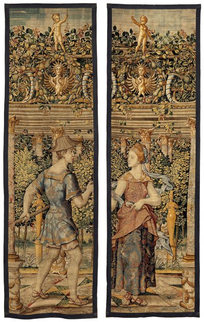 Vertumnus e Pomona: Vertumnus transformado em pescador, c.1550 (ouro, lã e seda) de Pieter Coecke van Aelst