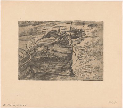 Barcos a remo ancorados em uma vala de Pieter Dupont