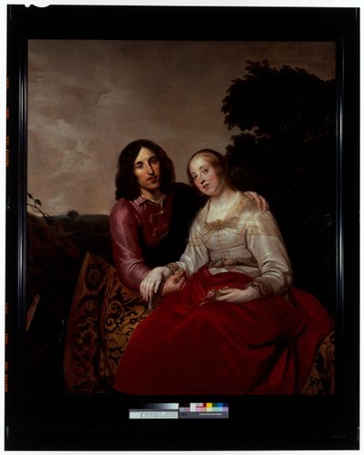 Um retrato de casamento de um jovem casal num cenário de paisagem de Pieter Fransz. de Grebber
