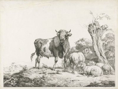 Um touro, um carneiro e duas ovelhas deitados por um salgueiro de Pieter Gerardus van Os