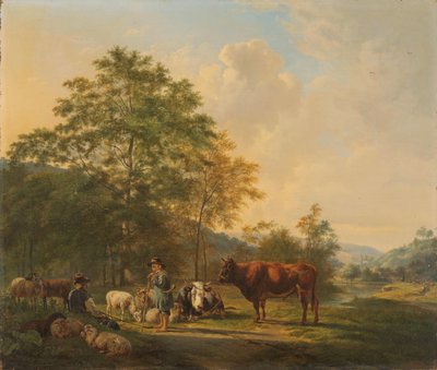 Paisagem Hilly Landscape com Pastor, Condutor e Gado de Pieter Gerardus van Os