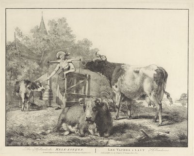 Vacas e uma leiteira De Hollandsche Melk-koeijen/ Les vaches â lait hollandaises (título no objeto) de Pieter Gerardus van Os