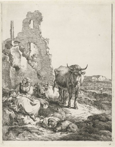 Paisagem com vaca e pastora em pé e deitada em frente a uma ruína de Pieter Gerardus van Os