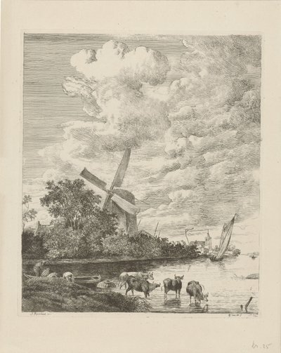 Vista do rio com moinho e vacas na água de Pieter Gerardus van Os