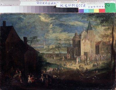 ""Kermesse no lugar de uma aldeia"" (Kermis) Paisagem da cidade na Flandres. Pintura de Peter Gysels (1621-1690) Serpukhov, Museu Estatal de História e Arte da Rússia de Peeter Gijsels