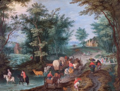 Paisagem com figuras Atravessar um riacho (óleo sobre cobre) de Peeter Gijsels