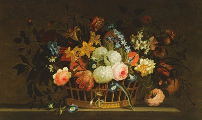 Ainda vida de flores em uma cesta em uma borda de pedra de Pieter Hardime