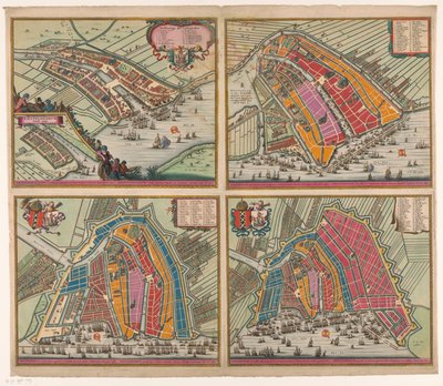 Quatro mapas de Amesterdão de 1400 a 1612
Amsteldam tal como foi anexado (...) (título sobre o objecto)
Amesterdão ampliado pela segunda vez, pela primeira vez encerrado com muros de pedra no ano de 1482 (...) (título sobre o objecto)
Amesterdão, o quar de Pieter Hendricksz. Schut (possibly)