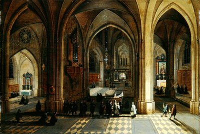 O Interior de uma Catedral Gótica com uma Procissão (óleo sobre painel) de Pieter II and Franken Frans II Neefs